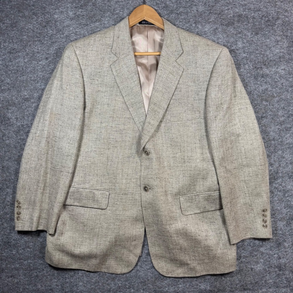 Stafford 100% Silk Blazer Jacket Mens 42S Herringbone Beige Tan Sport Coat